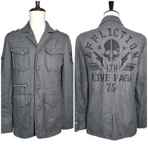 Affliction | Men | Charcoal Gray Wool Blend Embroidered Military Jacket | Large